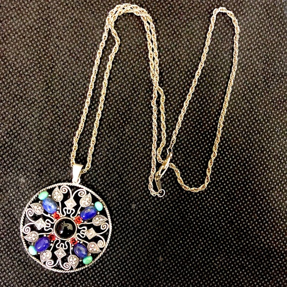 Sterling Silver Turquoise Garnet Onyx Lapis Marcasite Pendant and Rope Necklace - Picture 6 of 13